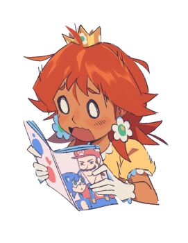 1girl brown_hair crown dark-skinned_female dark_skin earrings flipped_hair flower_earrings gloves highres holding holding_magazine jewelry magazine_(object) mario mario_(series) medium_hair mini_crown nintendo o_o open_magazine parted_bangs pornography princess_daisy simple_background solo sonic_(series) sonic_the_hedgehog supsross surprised wavy_mouth white_gloves wide-eyed yaoi_(object)