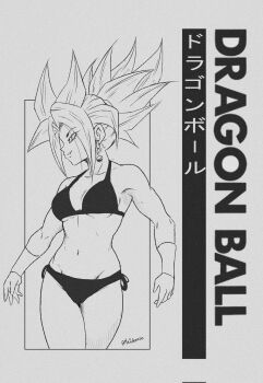 bikini bracelet breasts copyright_name dragon_ball dragon_ball_super earrings grey_background highres jewelry kefla_(dragon_ball) long_hair looking_to_the_side maiohneze medium_breasts monochrome muscular muscular_female navel potara_earrings sidelocks simple_background string_bikini super_saiyan swimsuit tagme
