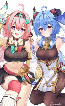 2girls absurdres ahoge amaneko_(amaneko_y) animal_ears aqua_hair armpits bare_shoulders bell bell_earrings black_gloves black_skirt blue_hair bodystocking breasts chinese_clothes closed_mouth cow_ears cow_girl cow_horns detached_sleeves earrings ganyu_(genshin_impact) genshin_impact gloves goat_horns hair_between_eyes highres horns jewelry leg_warmers long_hair long_sleeves looking_at_viewer miniskirt multicolored_hair multiple_girls navel neck_bell open_mouth pink_hair signature simple_background single_thighhigh skirt smile stomach streaked_hair thighhighs varesa_(genshin_impact) white_background white_leg_warmers white_thighhighs