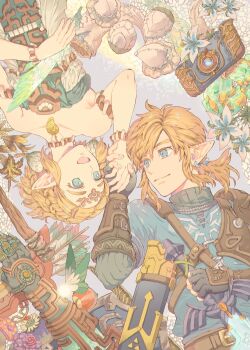 1boy 1girl armlet armor bare_shoulders black_gloves black_sweater blonde_hair blue_eyes blue_tunic bracelet braid breasts circlet crown_braid dress earrings fairy fingerless_gloves gloves green_eyes hair_between_eyes hair_tie highres holding holding_hands holding_sword holding_weapon jewelry leather_armor link low_ponytail master_sword medium_breasts medium_hair navi nintendo parted_bangs pendant_choker pointy_ears ponytail princess_zelda sen_(rurekiro) short_hair sidelocks strapless strapless_dress sweater sword the_legend_of_zelda the_legend_of_zelda:_tears_of_the_kingdom tunic turtleneck turtleneck_sweater upper_body weapon
