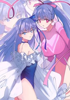 2girls blue_choker blue_eyes breasts choker commentary fate/extra fate/extra_ccc fate/grand_order fate_(series) hair_ribbon highres huge_breasts long_hair looking_at_viewer meltryllis meltryllis_(fate) meltryllis_(swimsuit_lancer)_(fate) meltryllis_(swimsuit_lancer)_(second_ascension)_(fate) meyumeyuk multiple_girls one-piece_swimsuit passionlip_(fate) passionlip_(swimsuit_saber)_(second_ascension)_(fate) pink_eyes pink_ribbon purple_hair purple_one-piece_swimsuit ribbon small_breasts smile swimsuit symbol-only_commentary very_long_hair