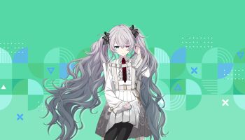 1girl 25-ji_miku :| aqua_nails black_bow black_pantyhose bow chest_harness closed_mouth collared_shirt colorful_palette fingernails game_cg green_background green_eyes grey_hair hair_between_eyes hair_bow harness hatsune_miku heterochromia highres long_hair nail_polish official_art pantyhose pink_eyes pleated_skirt project_sekai roman_numeral shirt sitting skirt sleeves_past_wrists solo striped_bow third-party_source triangle twintails very_long_hair vocaloid white_shirt white_skirt