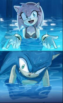 amy_rose bikini blue_fur blue_hair blush gloves green_eyes medium_hair night pink_fur pink_hair pool rakugaki_lila53 smile sonamy sonic_(series) sonic_the_hedgehog spiked_hair swimming swimsuit wet