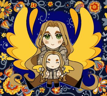 1girl 3rd_assault_brigade abstract_background angel angel_wings blonde_hair blush character_doll chibi chibi_only deformed doll flower green_eyes highres linyvets_chan long_hair looking_up military_uniform original smile soldier stuffed_toy ukraine wings zoriana