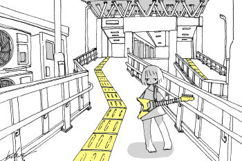 Rule 34 | 1girl, absurdres, barefoot, commentary, condenser unit, electric guitar, greyscale, guitar, highres, instrument, kaduise, looking at viewer, monochrome, no pants, original, outdoors, oversized clothes, oversized shirt, railing, shirt, short hair, signature, solo, spot color, standing, tactile paving, wide shot