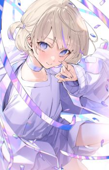 1girl blonde_hair choker cowboy_shot highres hololive hololive_dev_is jacket long_sleeves looking_at_viewer multicolored_hair nonomaro off_shoulder purple_choker purple_hair shirt shorts smile solo streaked_hair todoroki_hajime two_side_up white_jacket white_shirt white_shorts