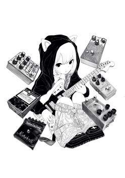 11e_(yuu) 1girl animal_ears cat_ears cat_girl closed_mouth effects_pedal electric_guitar fang greyscale guitar highres holding holding_guitar holding_instrument hood hood_up hooded_jacket instrument jacket leg_warmers looking_at_viewer mole mole_under_eye monochrome original shoes short_hair solo