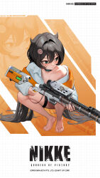 Rule 34 | 1girl, artist request, barefoot, black choker, black hair, blush, choker, closed mouth, collarbone, commentary, english commentary, food, goddess of victory: nikke, green eyes, gun, hair horns, highres, jacket, kamaboko, long hair, narutomaki, official art, rifle, scope, sniper rifle, solo, squatting, thigh strap, trony (nikke), very long hair, weapon, white jacket