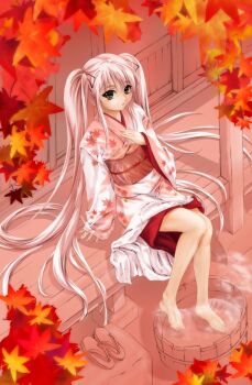 1girl :o absurdly_long_hair autumn_leaves barefoot black_ribbon building character_request check_character commentary_request feet foot_bath from_above hair_ribbon hand_on_own_chest highres igarashi_kei japanese_clothes kimono leaf leaf_print long_hair long_sleeves looking_at_viewer maple_leaf maple_leaf_print obi original outdoors parted_lips pink_background pink_hair ribbon sandals sash sidelocks sitting soaking_feet solo twintails unworn_sandals veranda very_long_hair white_kimono wide_sleeves yellow_eyes
