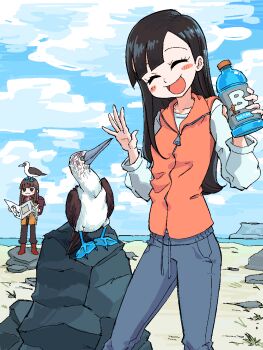 2girls :d beach beak bird black_hair blue-footed_booby blush_stickers bottle brand_name_imitation brown_hair closed_eyes cloud cloudy_sky commentary day drawstring english_commentary highres long_hair multiple_girls open_mouth original outdoors pants rock sand sky smile standing sweatpants sweetbreadyay zipper zipper_pull_tab