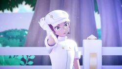 1boy 1girl 3d aether_foundation_employee aether_foundation_employee_(female) aether_foundation_employee_(male) aether_foundation_uniform animated artist_request blue_eyes breasts covered_navel dancing dark-skinned_female dark_skin elbow_gloves fang gloves hat highres jumpsuit looking_at_viewer mikumikudance_(medium) nintendo open_mouth pokemon pokemon_sm pouch short_hair short_sleeves simple_background small_breasts smile sound tagme thighs video white_gloves white_headwear white_jumpsuit