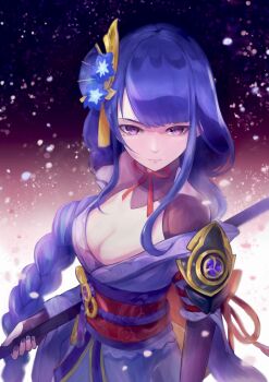 1girl absurdres baobav blunt_bangs braid breasts bridal_gauntlets cleavage closed_mouth commentary engulfing_lightning_(genshin_impact) expressionless fan_hair_ornament genshin_impact highres holding holding_polearm holding_weapon japanese_clothes kimono large_breasts long_braid mole mole_under_eye neck_ribbon off_shoulder polearm purple_eyes purple_hair purple_kimono raiden_shogun red_ribbon red_sash ribbon sash single_braid solo upper_body weapon