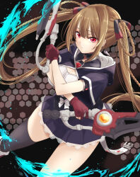 Rule 34 | 1girl, assault lily, belt, black background, black ribbon, black shirt, black skirt, black thighhighs, blood, blood spray, bloody weapon, blue blood, blunt bangs, bow, braid, breasts, brown background, brown hair, buckle, closed mouth, commentary request, cowboy shot, cropped jacket, crossed arms, dual wielding, gem, gloves, gradient background, hair between eyes, hair ribbon, hands up, highres, holding, holding sword, holding weapon, honeycomb (pattern), honeycomb background, hood, hood down, imai seira, lace, lace-trimmed skirt, lace trim, leg warmers, light particles, long hair, looking ahead, medium breasts, miniskirt, open belt, partially fingerless gloves, pleated skirt, red eyes, red gemstone, red gloves, red ribbon, ribbon, school uniform, shirt, short sleeves, single thighhigh, skirt, snap-fit buckle, solo, standing, sword, thighhighs, twin braids, twintails, two-tone ribbon, two-tone shirt, underbust, urutsu sahari, very long hair, weapon, white belt, white bow, white leg warmers, white shirt, wide sleeves, yurigaoka girls academy school uniform