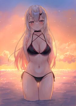 1girl alternate_costume bikini black_bikini black_choker breasts center-flap_bangs choker cleavage closed_mouth cloud commentary_request criss-cross_straps gluteal_fold gradient_hair grey_hair hair_between_horns highres hololive horns leeshin0919 long_hair looking_at_viewer multi-strapped_bikini_top multicolored_hair nakiri_ayame navel ocean oni outdoors red_eyes red_hair side-tie_bikini_bottom skin-covered_horns smile solo standing straight-on string_bikini sunset swimsuit thigh_gap virtual_youtuber wading wet