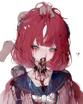 1girl absurdres blood blud_spine blue_sailor_collar broken_heart commentary_request corpse decapitation disembodied_hand green_eyes guro hair_ornament heart highres korean_commentary long_hair open_mouth red_hair revision sailor_collar simple_background slit_throat solo_focus sphere_hair_ornament tongue tongue_out twintails ukinami_yuzuha upper_body white_background zenless_zone_zero