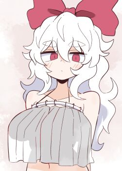 1girl absurdres blush bow breast_curtains breasts brown_background closed_mouth collarbone commentary_request crop_top crop_top_overhang curtains hair_bow highres kurachi_mizuki large_breasts light_frown long_hair navel original pun red_bow red_eyes simple_background solo spaghetti_strap upper_body white_hair