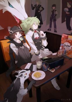 2boys ascot black_scarf bottle brown_eyes brown_hair buttons chair collared_shirt cup drinking food gen_3_pokemon gen_5_pokemon green_hair hat highres hilbert_(fall_2020)_(pokemon) hilbert_(pokemon) holding holding_microphone indoors legendary_pokemon long_hair male_focus microphone mightyena multiple_boys n_(anniversary_2021)_(pokemon) n_(pokemon) nintendo official_alternate_costume pants pokemon pokemon_(creature) pokemon_masters_ex reshiram scarf shirt sitting table tarai_(yamadarairai) vest