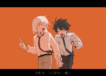 2boys :d akinashi_haru black_hair black_pants blue_necktie chinese_commentary closed_eyes collared_shirt commentary_request cowboy_shot dress_shirt happy highres holding_hands itidny multiple_boys necktie open_mouth orange_background pants pointing pointing_up red_necktie saihate_eki shirt short_hair smile tatsunami_shion white_hair yellow_pants