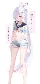 Rule 34 | 1girl, alternate costume, armlet, bare arms, bare hips, bare legs, barefoot, bikini, black bikini, black eyes, black sailor collar, blue archive, blush, bow, bracelet, braid, collarbone, commentary request, feet out of frame, gradient hair, hair bow, hair intakes, hair ornament, hair over one eye, hairclip, halo, heart, heart halo, highres, jewelry, long hair, looking at viewer, multicolored hair, navel, necklace, parallel hairclips, plana (blue archive), ponytail, red halo, sailor collar, see-through clothes, shirt, shorts, speech bubble, standing, stomach, sweatdrop, swimsuit, translation request, very long hair, wet, wet clothes, white background, white bow, white hair, white shirt, white shorts, wodubian