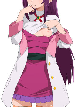 Rule 34 | 1girl, battle spirits, battle spirits: brave, breasts, coat, dress, head out of frame, highres, long hair, morisobo, nipples, one breast out, open clothes, open coat, orange thighhighs, paid reward available, purple dress, purple hair, shinomiya mai, simple background, small breasts, solo, thighhighs, very long hair, white background, white coat, zettai ryouiki