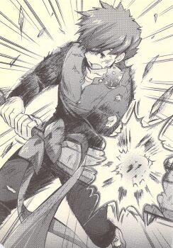 Rule 34 | 1boy, aritai susumu, blood tune, chaos;head, fighting, highres, holding, holding weapon, male focus, monochrome, nanika (blood tune), official art, open mouth, samurai condenser, scan, science adventure, short hair, solo, spiked hair, tagme, weapon, yukiwo