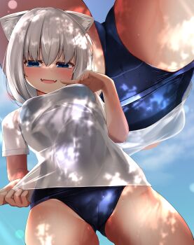 Rule 34 | 1girl, :d, absurdres, animal ear fluff, animal ears, blue eyes, blue one-piece swimsuit, blue sky, blush, breasts, cameltoe, cat ears, commentary request, commission, cowboy shot, different zoom layer, fangs, finger to mouth, from below, gluteal fold, groin, half-closed eyes, highres, kuro yanagi, looking at viewer, looking down, medium hair, mesugaki, mesugaki pose, old school swimsuit, one-piece swimsuit, open mouth, original, school swimsuit, school swimsuit flap, see-through clothes, see-through shirt, shirt, shirt tug, skeb commission, skin fangs, sky, small breasts, smile, smirk, sweat, swimsuit, swimsuit under clothes, thighs, wet, wet clothes, wet shirt, wet swimsuit, white hair, white shirt