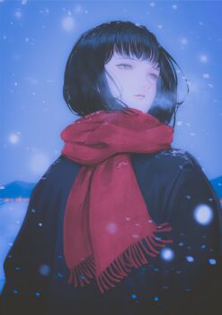 1girl absurdres black_coat black_hair blurry bob_cut breath coat commentary_request depth_of_field doloyume expressionless grey_eyes highres lips mole mole_under_eye original red_scarf scarf snow solo winter