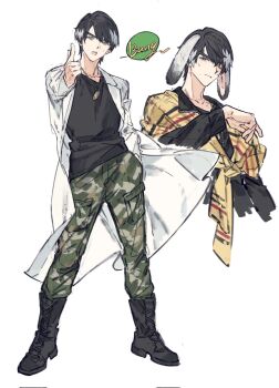 1boy animal_ears animification black_boots black_hair black_shirt boots camouflage camouflage_pants coat extra_ears finger_gun full_body gougougougou green_eyes grey_hair hanaya_taiga hand_in_pocket hand_up highres jewelry kamen_rider kamen_rider_ex-aid_(series) kemonomimi_mode lab_coat lapels long_sleeves looking_at_viewer male_focus multicolored_hair multiple_views necklace nervous_sweating notched_lapels open_mouth outstretched_arm pants rabbit_ears shirt short_hair standing sweat two-tone_hair white_background white_coat