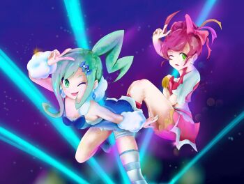 blue_hair chloe_(pokemon) earrings flatpancakesjim green_eyes highres jewelry jumping lisia_(pokemon) nintendo one_knee_up performance pokemon pokemon_oras pokemon_swsh red_hair ribbon skirt