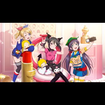 3girls ;d \m/ american_flag_bow arm_up ayase_eli belt black_hair black_shorts black_socks blonde_hair blue_dress blue_eyes blue_jacket blush bow camera chair character_doll character_request chest_of_drawers compact_(cosmetics) cosmetics cowboy_shot crossover demon_horns demon_tail doll double_\m/ dress feet_out_of_frame flower green_eyes green_hat grin hair_bow hand_up hands_up hat hello_kitty holding holding_camera horns hugging_doll hugging_object jacket jirai_kei kuromi leaf leaf_on_head lipstick long_hair long_sleeves looking_at_another looking_at_object love_live! love_live!_school_idol_project low_twintails makeup multiple_girls neck_ribbon nesoberi nico_nico_nii official_art on_chair one_eye_closed onegai_my_melody open_clothes open_jacket open_mouth over-kneehighs pigeon-toed pink_shirt pokopon_nikki ponytail puchiguru_love_live! purple_hair red_belt red_bow red_eyes ribbon rose sanrio shadow shirt short_sleeves shorts sitting skirt skull_and_crossbones smile socks striped_clothes tail tanuki teeth thighhighs tojo_nozomi twintails upper_teeth_only vertical-striped_clothes video_camera white_skirt yazawa_nico