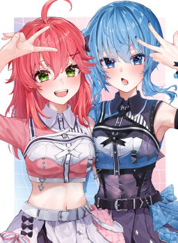 2girls 5uma1 absurdres ahoge armpits belt blue_eyes blue_hair blue_nails blush breasts green_eyes hair_between_eyes hair_ornament highres hololive hoshimachi_suisei inward_w long_hair looking_at_viewer midriff multiple_girls nail_polish navel official_alternate_costume open_mouth pink_hair pink_nails pink_shirt sakura_miko shirt side_ponytail smile star_(symbol) star_in_eye symbol_in_eye teeth upper_body v v_over_head virtual_youtuber w x_hair_ornament