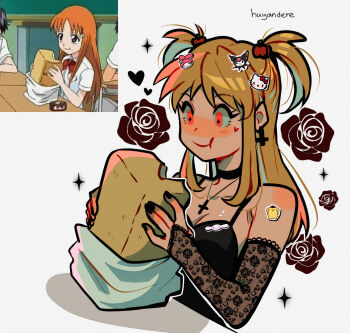 1girl absurdres amane_misa artist_name black_choker bleach blonde_hair bread character_hair_ornament choker commentary copyright_request cropped_torso cross cross_earrings cross_necklace death_note derivative_work detached_sleeves earrings eating english_commentary flower food goth_fashion hair_ornament heart hello_kitty hello_kitty_(character) highres huyandere inoue_orihime jewelry kuromi loaf_of_bread my_melody my_melody_(series) necklace red_eyes reference_inset rose sanrio signature solo sparkle two_side_up upper_body