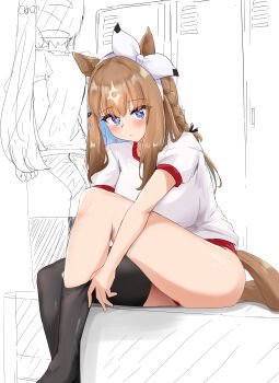 2girls absurdres adjusting_clothes adjusting_legwear almond_eye_(umamusume) animal_ears black_thighhighs blue_eyes blue_hair blush bow bow_hairband braid breasts brown_hair brown_tail buruma closed_mouth colored_inner_hair commentary_request cross-shaped_pupils gryebooks gym_shirt hair_ornament hairband hairclip highres horse_ears horse_girl horse_tail large_breasts long_hair looking_at_viewer lucky_lilac_(umamusume) multicolored_hair multiple_girls red_buruma shirt side_braid single_braid sketch_background solo_focus streaked_hair symbol-shaped_pupils tail thighhighs thighs too_many_hair_ornaments umamusume white_bow white_hair white_shirt white_streaks