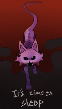 1boy :3 absurdres animal_ears black_sclera blurry blurry_background cat_boy cat_ears cat_tail catnap_(poppy_playtime) colored_sclera commentary_request constricted_pupils dark_purple_fur full_body gas highres looking_at_viewer male_focus open_mouth poppy_playtime purple_fur smile smiling_critters smoke spine tagme tail walking white_eyes