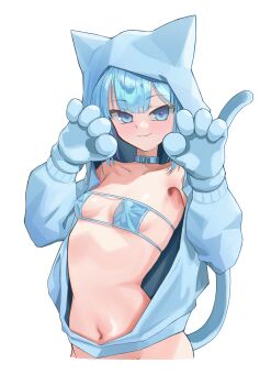 1girl absurdres animal_hands animal_hood bikini blue_bikini blue_collar blue_eyes blue_hair breasts cat_girl cat_tail closed_mouth collar commentary cropped_torso english_commentary eyepatch_bikini fang fang_out gloves hands_up highres hood hood_up kanzarin_(vtuber) looking_at_viewer navel original paw_gloves simple_background skin_fang small_breasts solo strapless strapless_bikini swimsuit tail white_background zenmakun