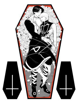 Rule 34 | 2boys, 63roku63, androgynous, black hair, chain, chrollo lucilfer, closed mouth, coffin, cross tattoo, earrings, facial mark, forehead mark, forehead tattoo, full body, hand chains, highres, hunter x hunter, implied yaoi, jewelry, kurapika, lips, long sleeves, male focus, monochrome, multiple boys, multiple rings, red eyes, ring, smile, tattoo