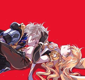 2boys aether_(genshin_impact) albedo_(genshin_impact) belt black_pants blonde_hair blue_eyes commentary earrings elbow_gloves genshin_impact gloves hand_on_another&#039;s_head highres hood jacket jewelry kissing_stomach kkaiju korean_commentary long_hair lying midriff multiple_boys pants red_background yaoi yellow_eyes