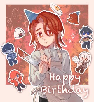 1other 4boys aihara_yuu akinashi_haru apple_pie apron black_hair black_pants blood bloody_knife blue_eyes brown_cardigan brown_pants cardigan chef chibi chibi_inset creature_and_personification crossover finger_heart food gift happy_birthday harumi_yuu hat highres holding holding_gift holding_knife humanization knife mini_person miniboy multiple_boys onigiri orange_hair original pants party_hat personification pie qinliu_cat red_eyes red_hair saihate_eki tako_(ruuya1124) tatsunami_shion this_game_is_not_real white_hair