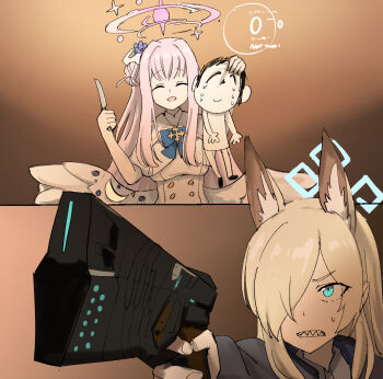 1boy 2girls aiming angel_wings animal_ear_fluff animal_ears blonde_hair blue_archive blue_bow blue_bowtie blue_eyes bow bowtie brown_background buttons capelet chibi comic commentary_request crying dominator_(gun) doodle_sensei_(blue_archive) flower grimace gun hair_bun hair_flower hair_ornament hair_over_one_eye hair_ribbon halo hands_up heads-up_display holding holding_gun holding_knife holding_weapon hostage kanna_(blue_archive) knife lifting_person long_hair low_wings mika_(blue_archive) multiple_girls nicovideo open_mouth outstretched_arm parody pink_hair psycho-pass purple_flower ribbon sanpaku sensei_(blue_archive) sharp_teeth sidelocks single_side_bun smile sweatdrop teeth tenten_(chan4545) underbust user_interface v-shaped_eyebrows very_long_hair weapon white_capelet white_ribbon wing_ornament wings