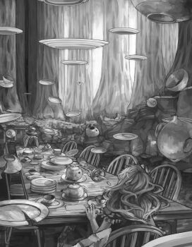 1boy 1girl absurdres alice&#039;s_adventures_in_wonderland alice_(alice_in_wonderland) blazer chair commentary dress elbows_on_table english_commentary forest frilled_sleeves frills full_body greyscale hands_on_own_chin hat highres ippomoea jacket long_dress long_hair long_sleeves mad_hatter_(alice_in_wonderland) monochrome nature on_chair outdoors oversized_object plate plate_stack saucer sitting surreal teapot top_hat unfinished very_long_hair