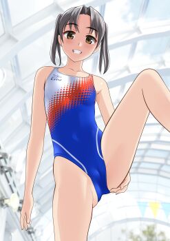 1girl absurdres blue_one-piece_swimsuit breasts brown_eyes brown_hair cameltoe commentary_request competition_swimsuit covered_navel crotch_focus from_below glass_ceiling grin highres leg_lift leg_up multicolored_swimsuit one-piece_swimsuit original small_breasts smile solo standing standing_on_one_leg swimsuit takafumi twintails variant_set