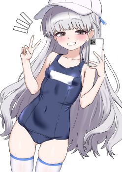 1girl absurdres bare_arms bare_shoulders baseball_cap blue_one-piece_swimsuit breasts brown_eyes cameltoe check_copyright commentary_request commission copyright_request covered_navel cowboy_shot gluteal_fold grin hand_up hat highres holding holding_phone long_hair looking_at_viewer notice_lines old_school_swimsuit oldsickkim one-piece_swimsuit original phone school_swimsuit simple_background skindentation small_breasts smile solo swimsuit thighhighs thighs v very_long_hair white_background white_hair white_hat white_thighhighs