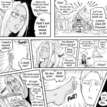 Rule 34 | 1boy, 1girl, :3, absurdres, angry, annoyed, barefoot, bb (baalbuddy), brother and sister, brother and step-sister, dark-skinned female, dark skin, english text, feet, foot focus, highres, long hair, original, pout, reading, siblings, soles, speech bubble, step-brother and step-sister, step-siblings, toes, willford diccard, zana (dark elf stepsister)