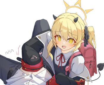 1boy 1girl :d absurdres backpack bag belt black_belt black_coat black_horns black_pants black_tail blonde_hair blue_archive blue_dress coat crime_prevention_buzzer demon_girl demon_horns demon_tail deuroseu dress halo handjob hetero highres horns ibuki_(blue_archive) loli long_hair long_sleeves neck_ribbon open_belt open_mouth pants pinafore_dress pointy_ears randoseru red_bag red_ribbon ribbon shirt side_ponytail simple_background sleeveless sleeveless_dress sleeves_past_fingers sleeves_past_wrists smile stealth_handjob stealth_sex tail white_background white_shirt yellow_eyes yellow_halo