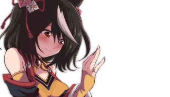 1girl animal_ears bare_shoulders black_hair blush breasts brown_eyes cleavage_cutout closed_mouth clothing_cutout commentary_request fujitaka_nasu highres horse_ears jewelry kitasan_black_(umamusume) long_sleeves medium_breasts multicolored_hair ring simple_background sleeves_past_wrists smile solo streaked_hair two_side_up umamusume upper_body white_background white_hair