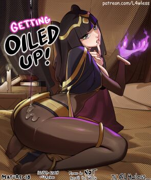 1girl absurdres anklet artist_name ass bed_sheet black_cape black_hair blunt_bangs bodystocking bracelet breasts bridal_gauntlets brown_pantyhose candle cape censored censored_feet circlet commentary content_rating cover cover_page dripping english_commentary english_text feet finger_to_mouth fire fire_emblem fire_emblem_awakening full_body glowing gold_trim grey_eyes hands_up highres indoors jewelry l4wless legs long_hair looking_at_viewer medium_breasts nintendo no_shoes on_bed pantyhose pyrokinesis shadow soles solo teeth tharja_(fire_emblem) thighlet thighs tiara toes twitter_username two-tone_cape two_side_up