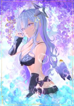 Rule 34 | 1girl, alternate costume, amane konata, angel wings, arm warmers, black arm warmers, black bra, blush, bra, breasts, cleavage, feathered wings, flower, grey hair, grin, guuuuuu41, hair flower, hair ornament, halo, highres, hololive, large breasts, long hair, looking at viewer, mini wings, multicolored hair, nail polish, pink hair, purple eyes, purple flower, purple hair, ribbed bra, smile, solo, standing, star halo, streaked hair, tilted halo, underwear, virtual youtuber, wings