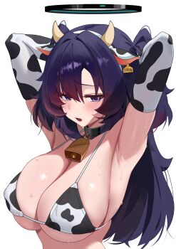 1girl absurdres alternate_costume animal_ear_hairband animal_ears animal_print armpits arms_behind_head arms_up bell bikini black_halo blue_archive blue_eyes blue_hair blush breasts cleavage cow_ear_hairband cow_ears cow_horns cow_print cow_print_bikini cowbell elbow_gloves fake_animal_ears fake_horns gloves hairband halo highres horns huge_breasts long_hair looking_at_viewer mcbox neck_bell open_mouth presenting_armpit print_bikini sideboob simple_background solo sweat swimsuit two_side_up underboob upper_body white_background yuuka_(blue_archive)