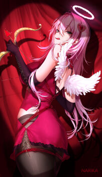 Rule 34 | 1girl, absurdres, artist name, black pantyhose, bow (weapon), breasts, commentary, cupid, curtains, dress, goddess of victory: nikke, green eyes, hair ornament, halo, heart, heart hair ornament, highres, holding, holding bow (weapon), holding weapon, large breasts, licking lips, long hair, narika (narikakkkk), pantyhose, pink hair, purple dress, solo, spotlight, tongue, tongue out, velvet (nikke), very long hair, weapon, white wings, wings