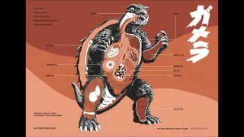anatomy arrow_films arrow_video biology bone brain chart coal cross-section daiei_motion_picture derivative_work diagram elemental_(creature) energy english_text fire fire_elemental gamera gamera,_the_giant_monster gamera_(series) giant giant_monster highres intestines japanese_text jolyon_yates kaiju lava lungs mixed-language_text monster multiple_stomachs no_humans official_art orange_background organs plasma science science_fiction shell simple_background stomach tail turtle turtle_shell tusks uranium x-ray